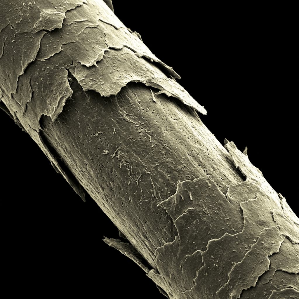 Damaged hair cuticle under microscope